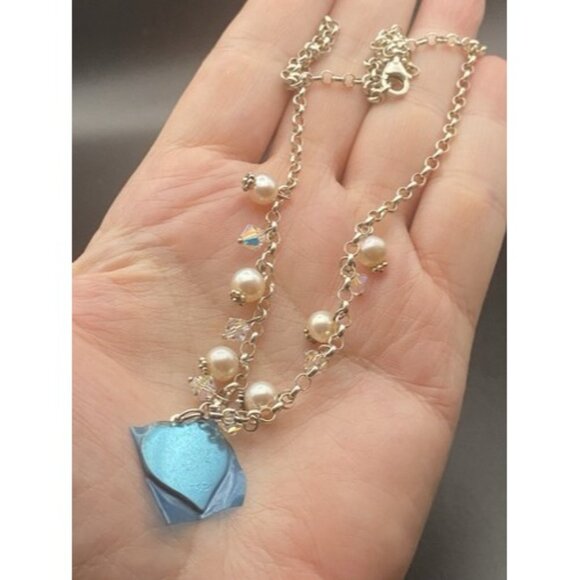 Sterling Silver Necklace Heart Natural Pearl AB Crystal Rolo Chain 16 + 1.5" - Picture 5 of 6